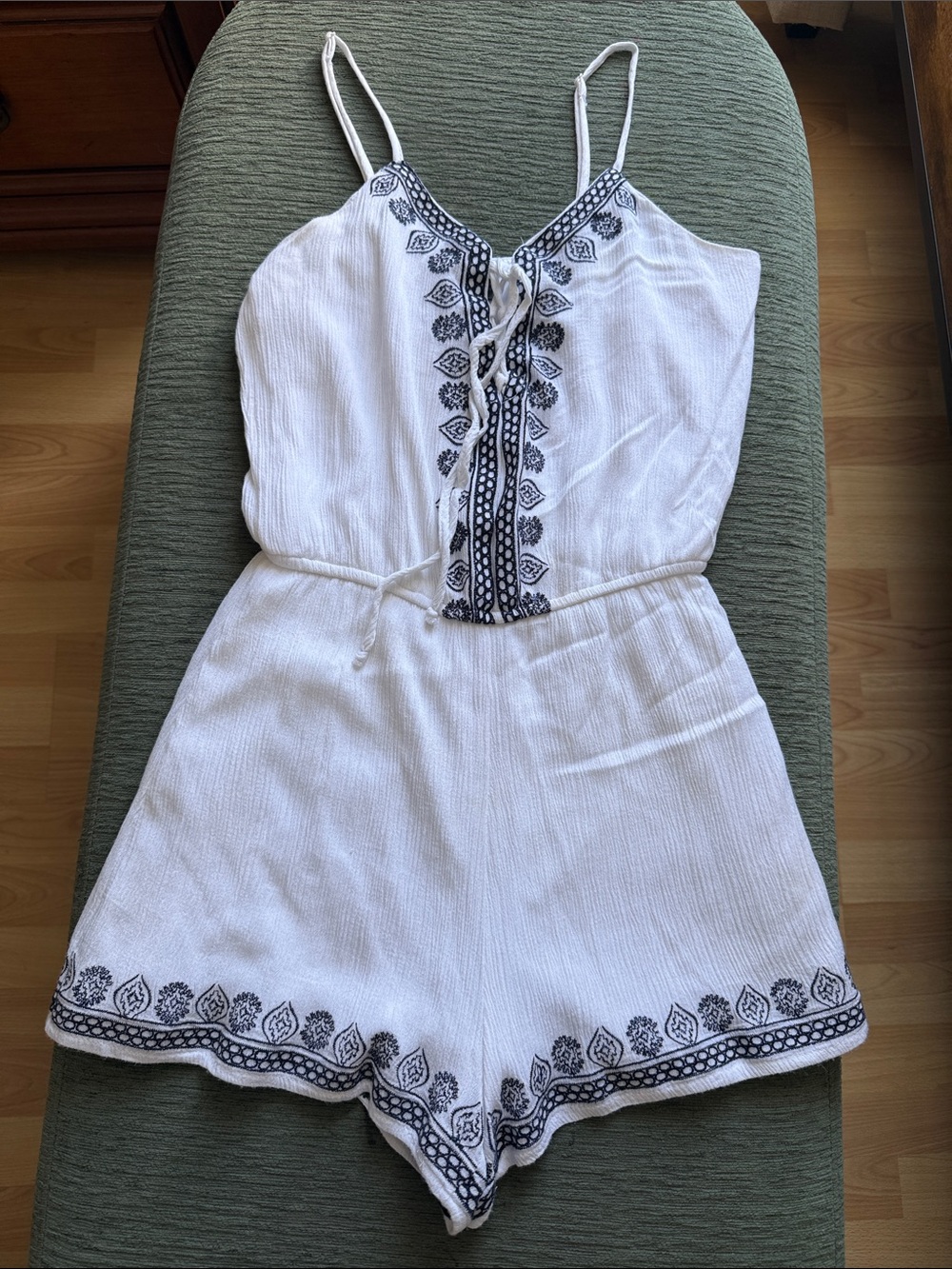 White Embroidered Spaghetti-Strap Romper with Navy Trim